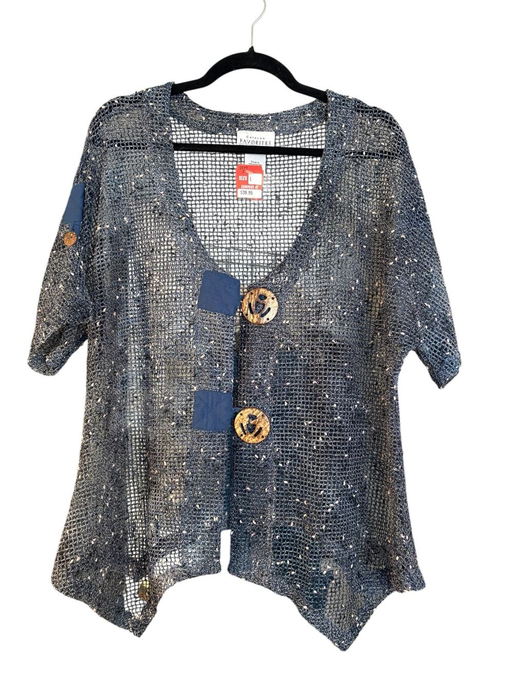 Catalog Favorites Artsy Lagenlook Top Shirt L Blue Large Buttons Open Knit Boho